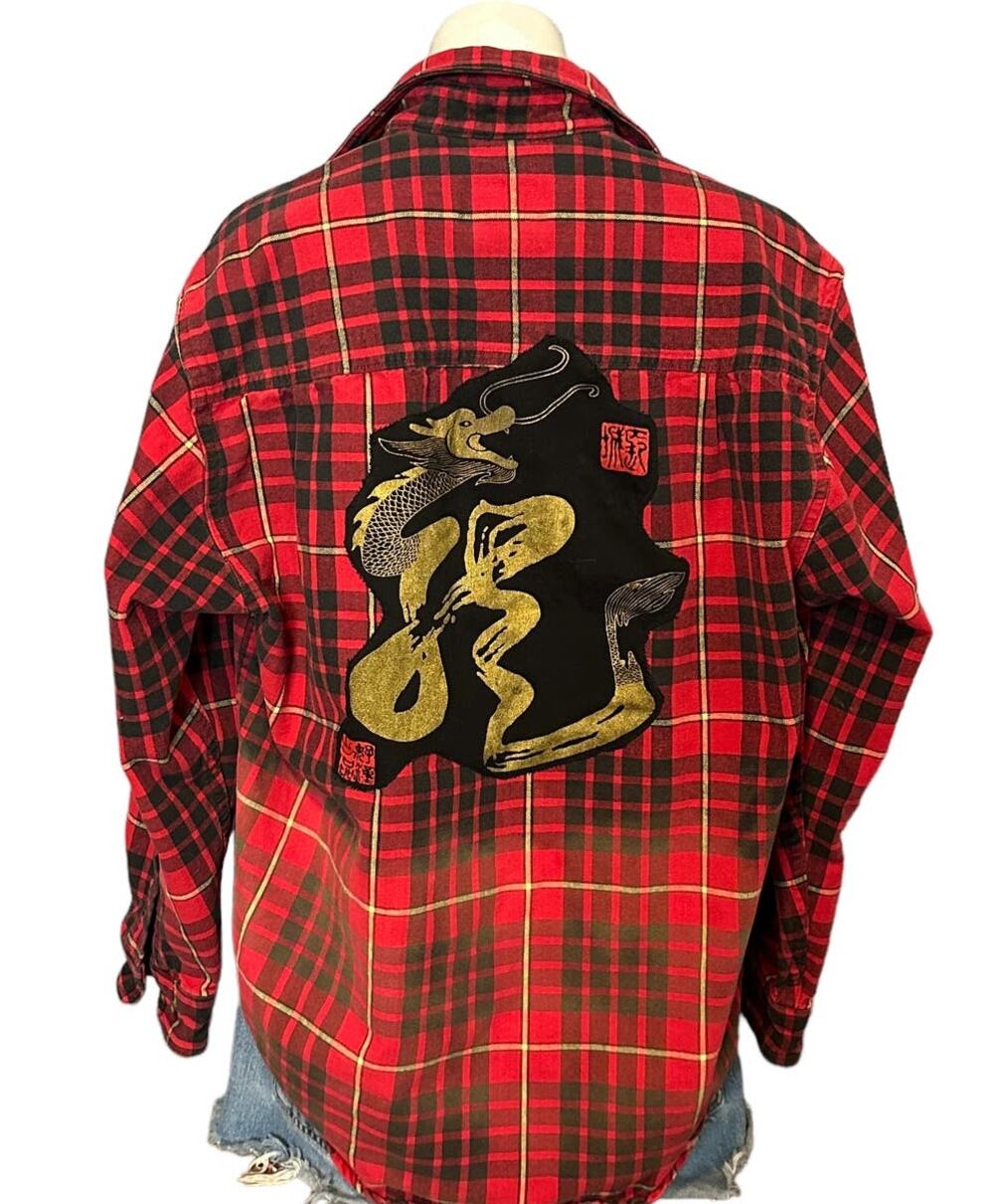 Chinese Dragon Plaid Flannel Shirt SMALL Oversized Shacket Upcycle Unique Red